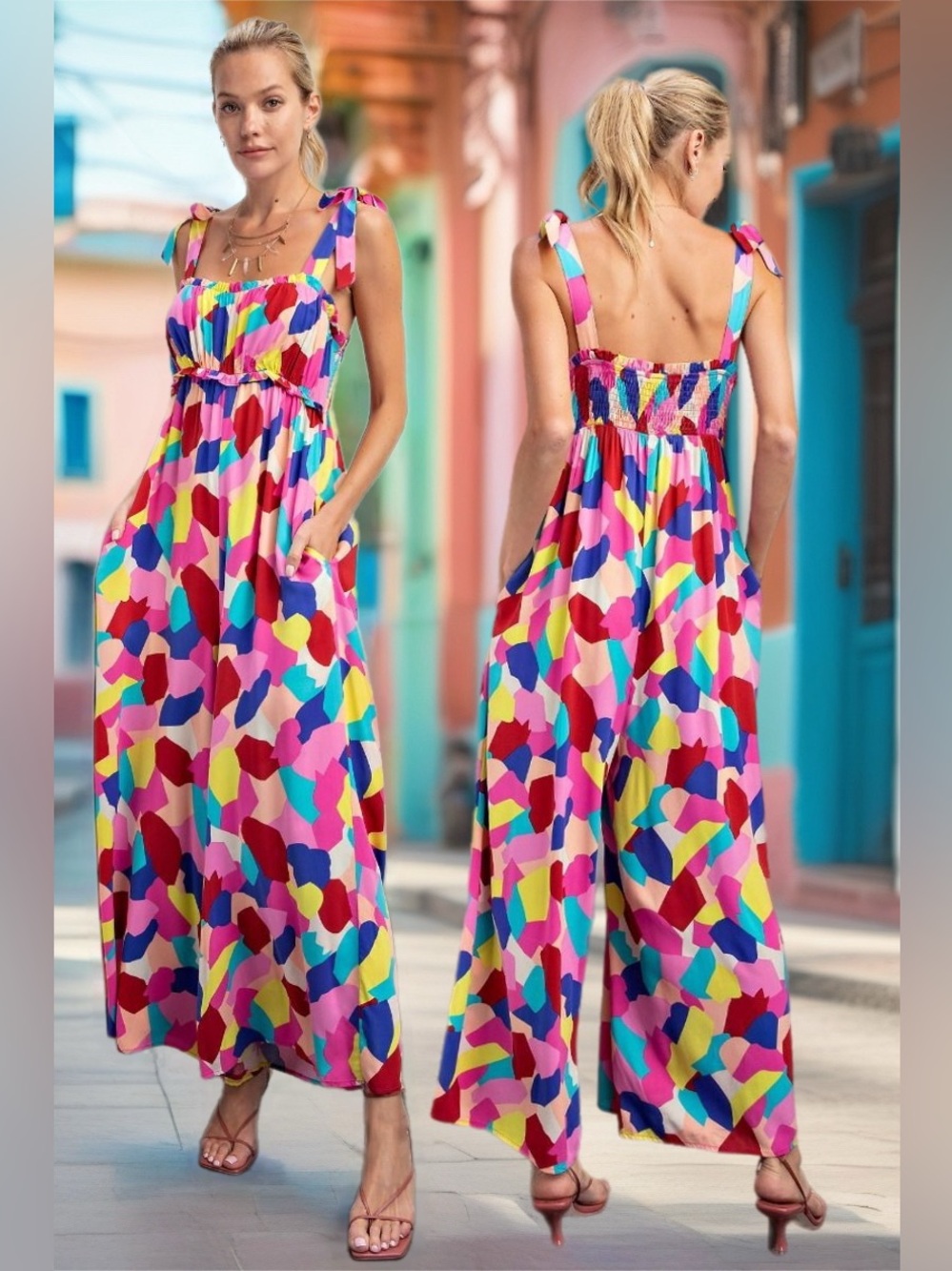 Easel Paletta Tie Strap Wide Leg Jumpsuit Colorful Maximalist Frizzle New Large